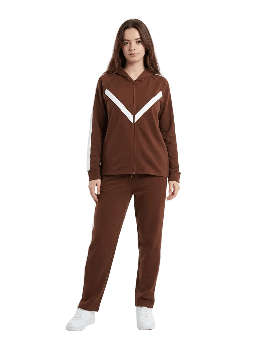 Women Premium V-Stripe Zip-Up Tracksuit - Red Cotton