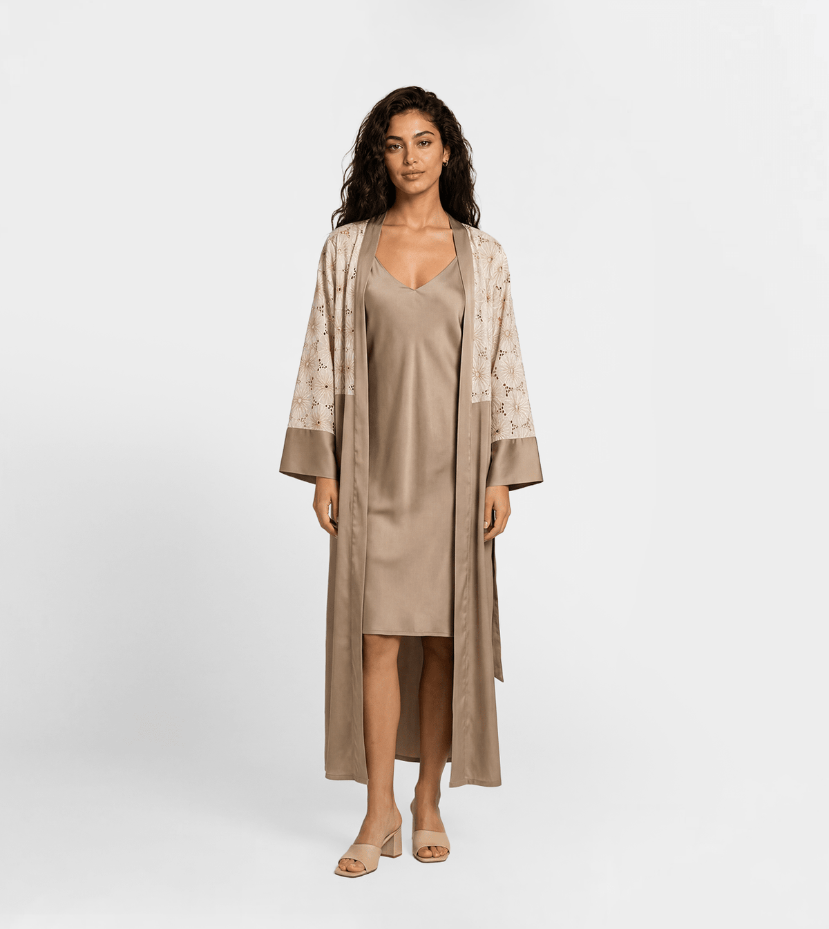 Women Satin Night Dress & Lace Kimono Robe Set - Red Cotton