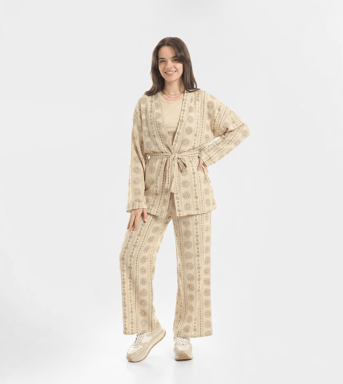 Women Set Belted Kimono Top & Wide-Leg Pants - Red Cotton
