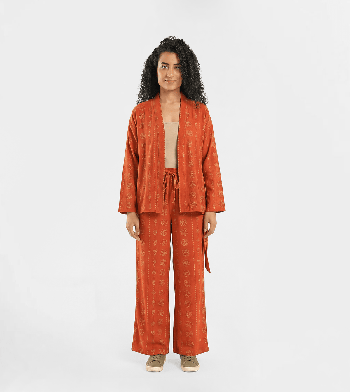 Women Set Belted Kimono Top & Wide-Leg Pants - Red Cotton