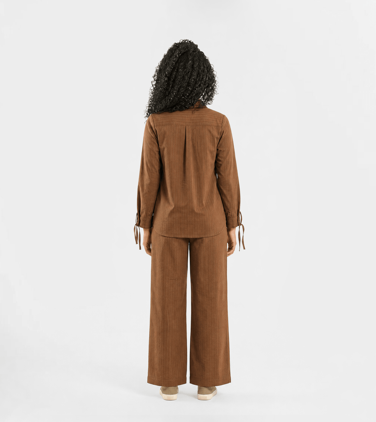 Women Striped Button-Up Shirt & Wide Leg Pants Set - Red Cotton