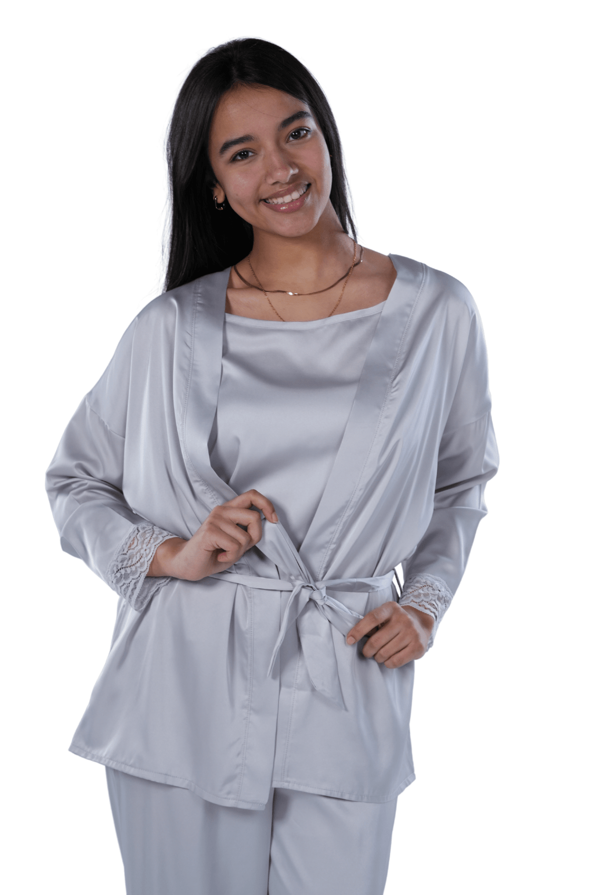 Women's 3-piece Comfort Satin pajamas -Silver - Red Cotton