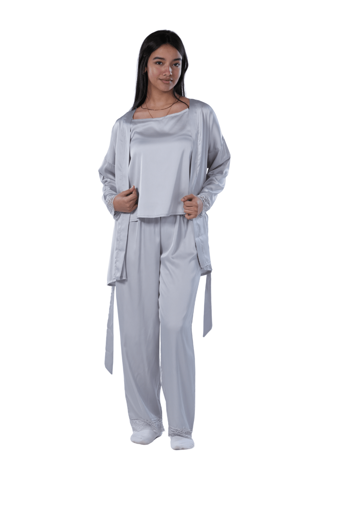 Women's 3-piece Comfort Satin pajamas -Silver - Red Cotton