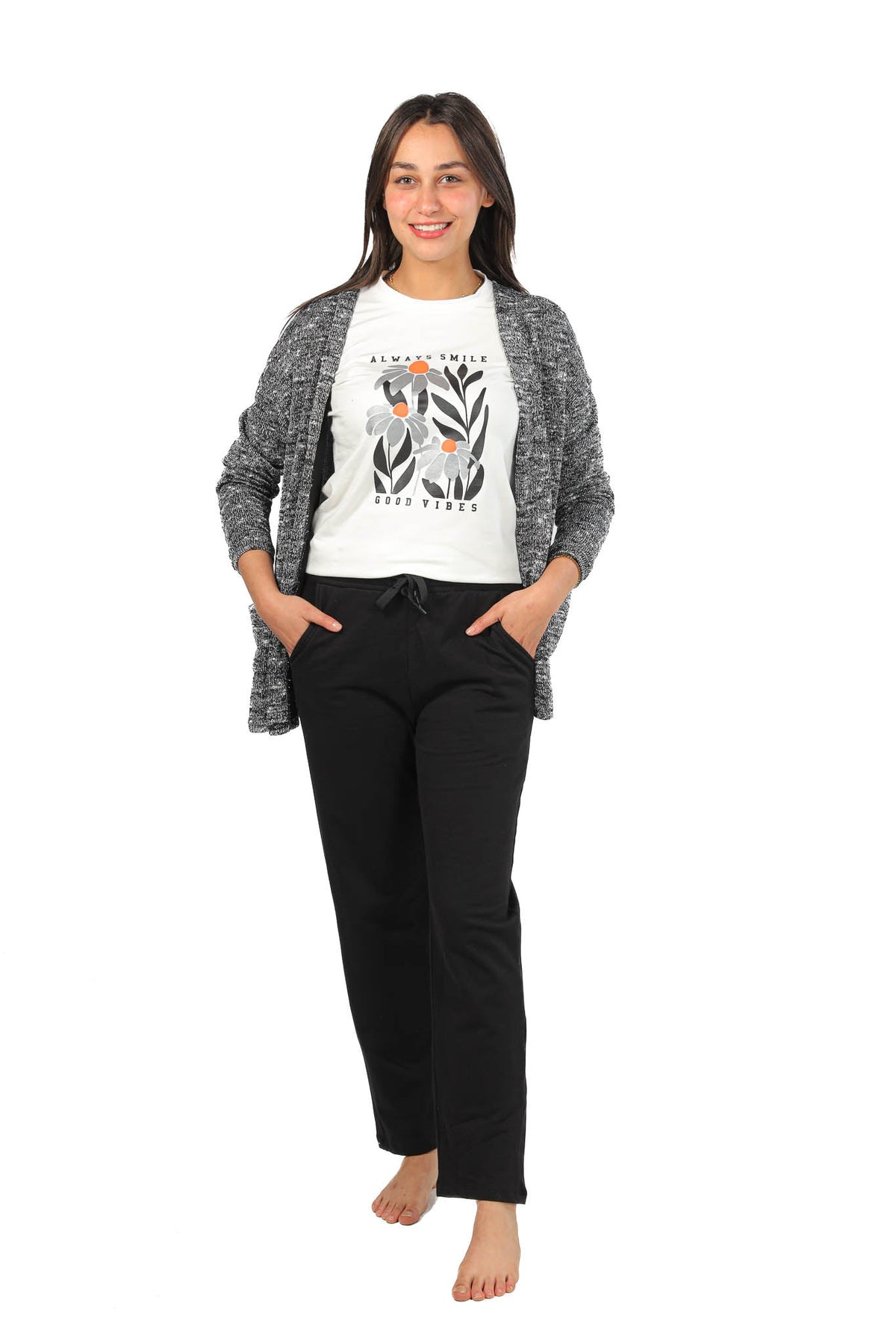 Women's 3-piece pajamas -Black - Red Cotton