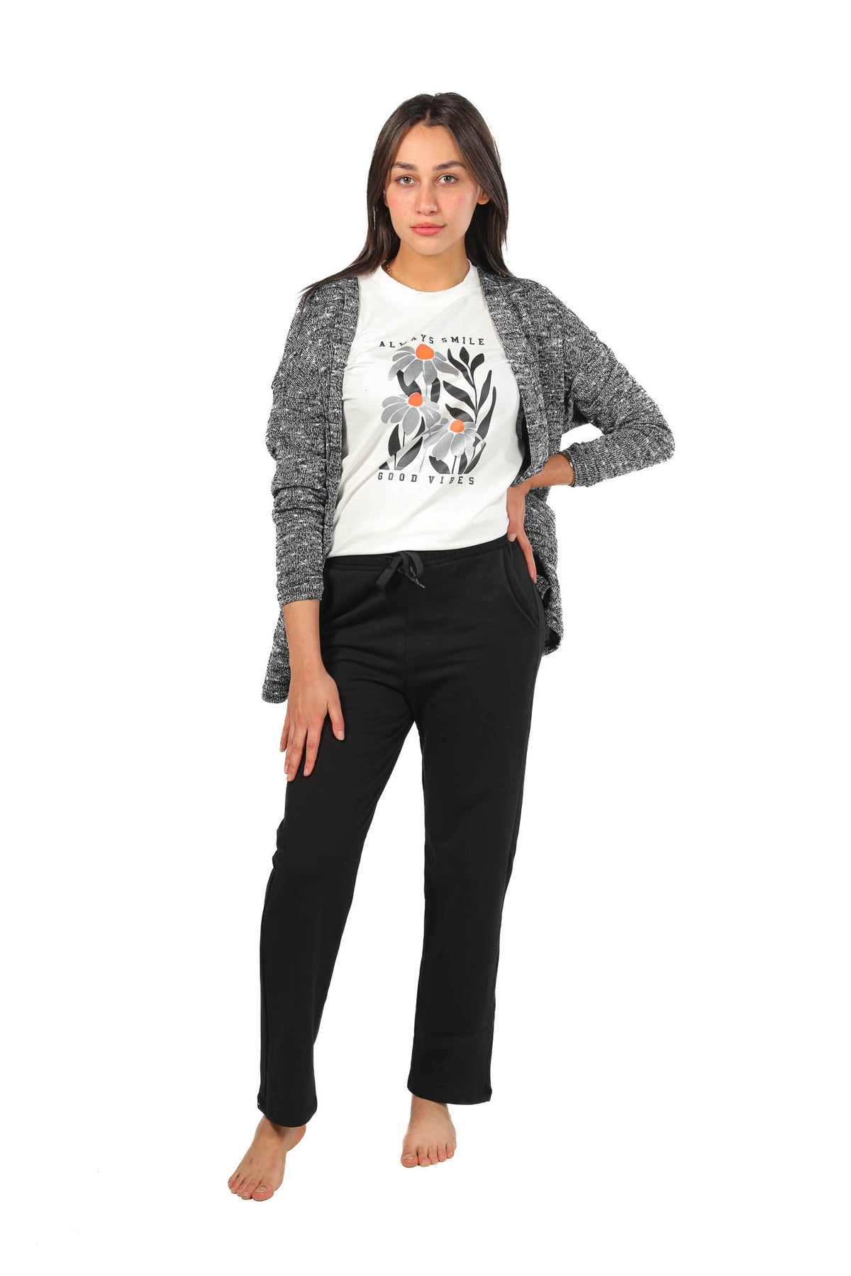 Women's 3-piece pajamas -Black - Red Cotton