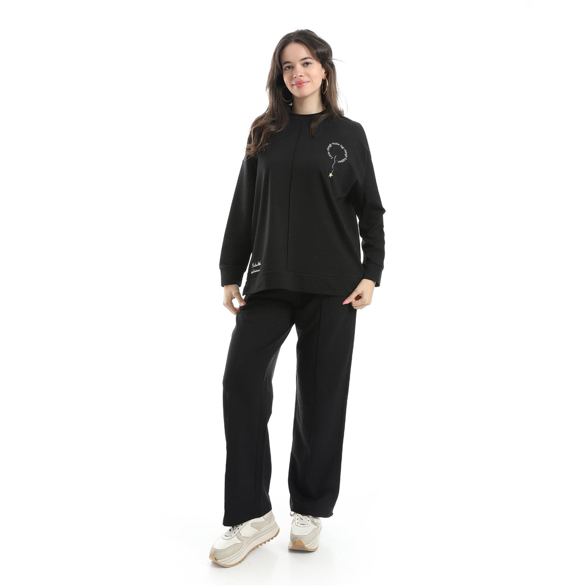 Women’s Black Embroidered Activewear Set – Sweatshirt & Pants - Red Cotton