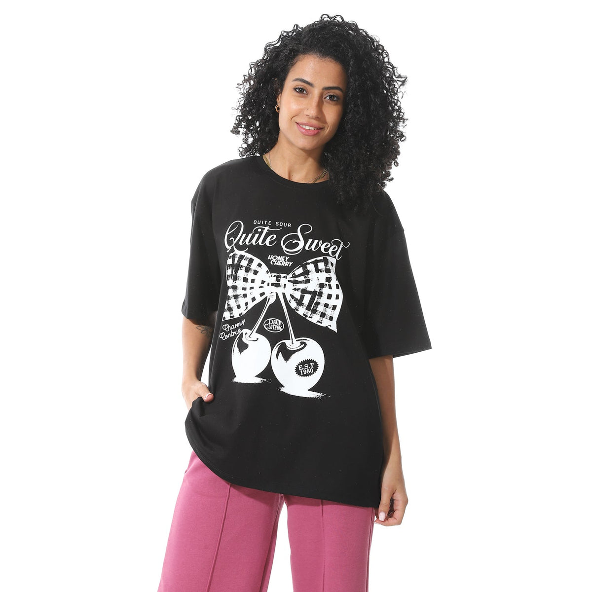 Women's Black T-shirt with White Cherry Bow Print - Red Cotton