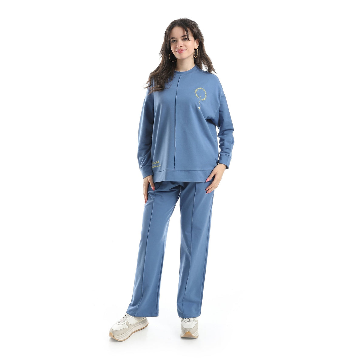Women’s Blue Embroidered Activewear Set – Sweatshirt & Pants - Red Cotton