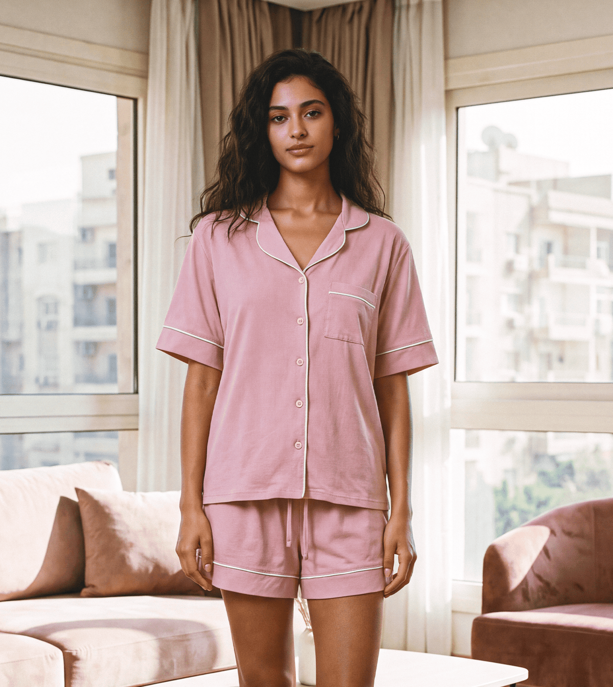 Women’s Classic Short-Sleeve Shorts Pajama Set - Red Cotton