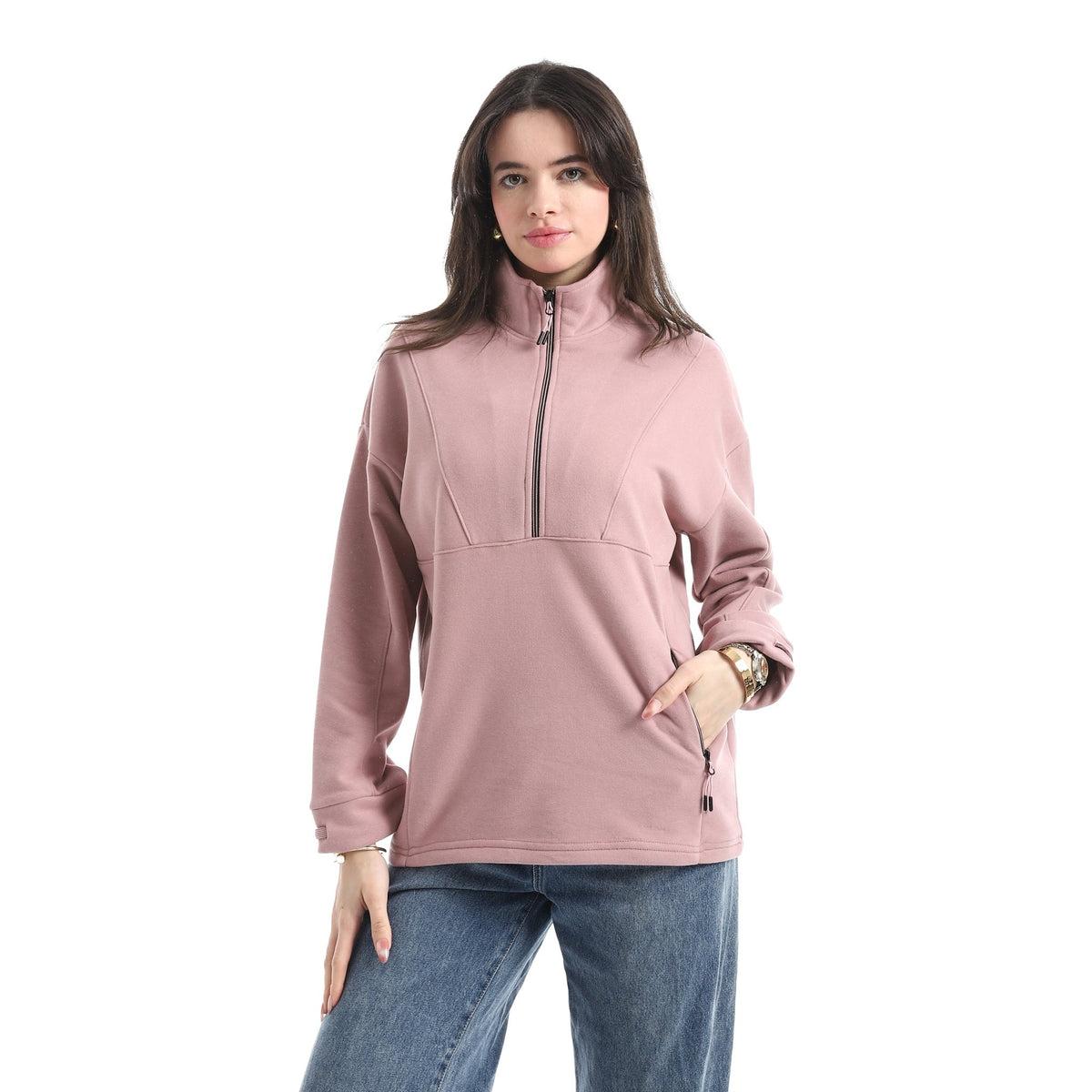 Women’s Half-Zip High Neck Sweatshirt - Red Cotton