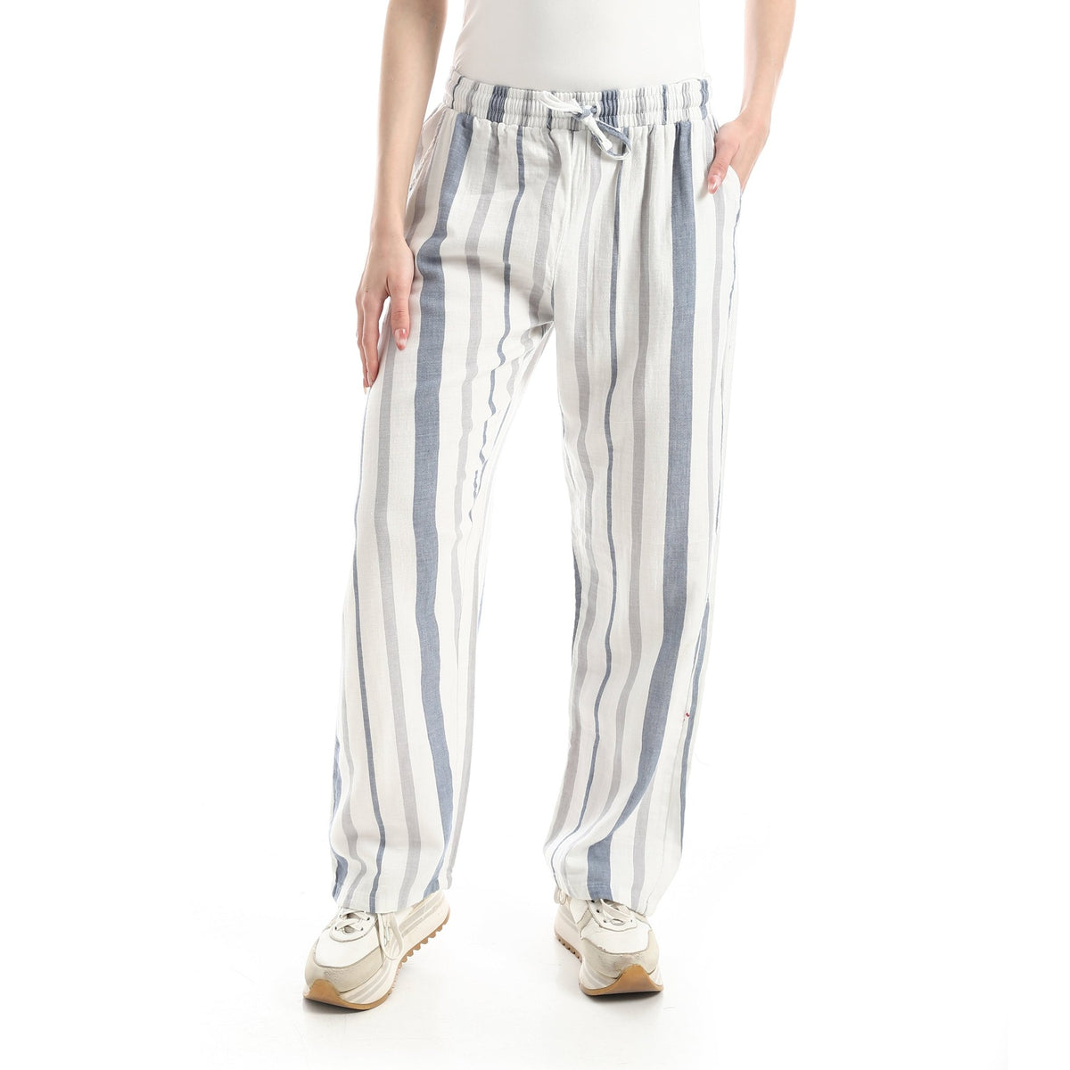 Women’s High-Waist Wide-Leg Striped Pants - Red Cotton