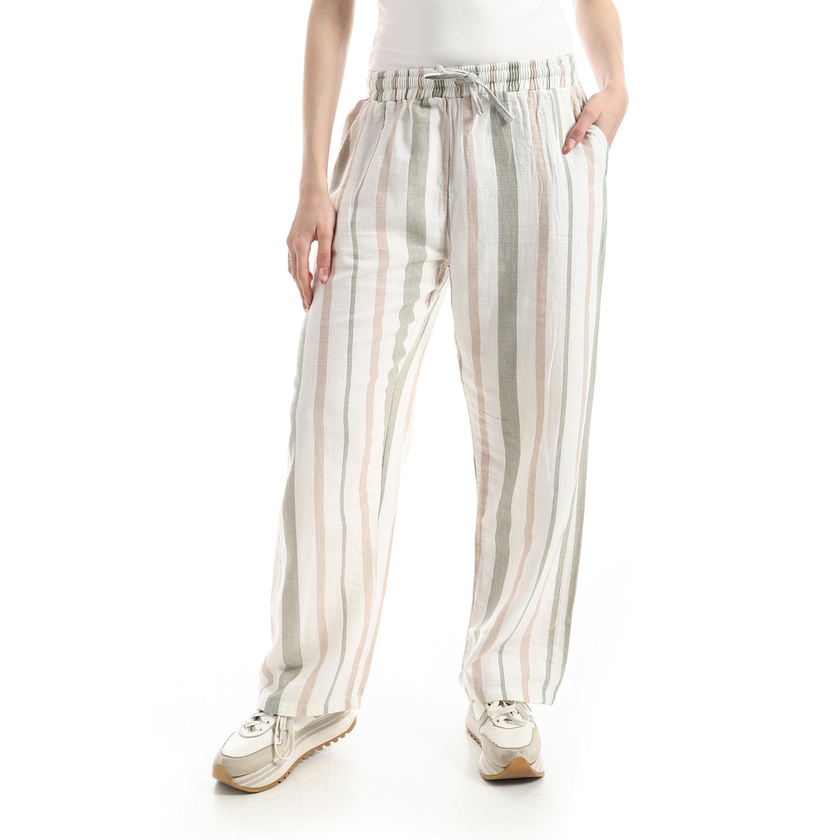 Women’s High-Waist Wide-Leg Striped Pants - Red Cotton
