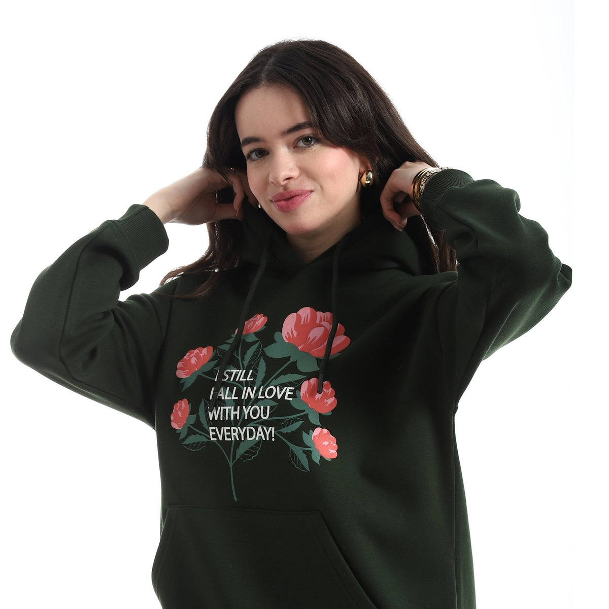 Women’s Hoodie with Floral Print – “I Still Fall in Love with You Everyday” - Red Cotton