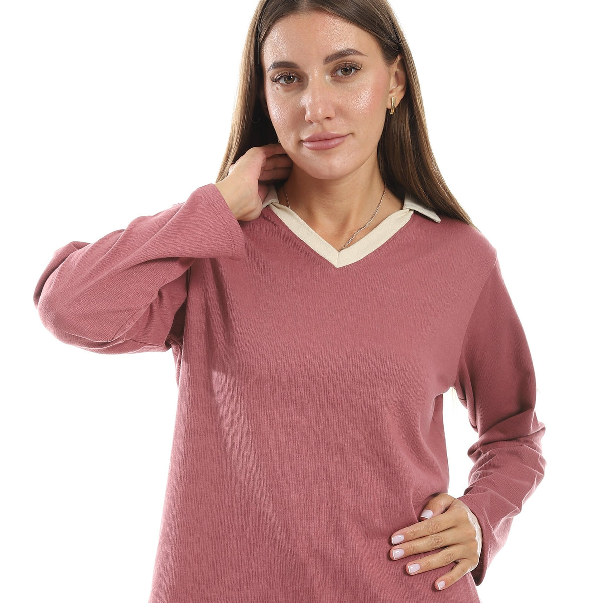 Women’s Jacquard Pajama Set – Long Sleeve Top & Pants with Beige Side Stripe - Red Cotton