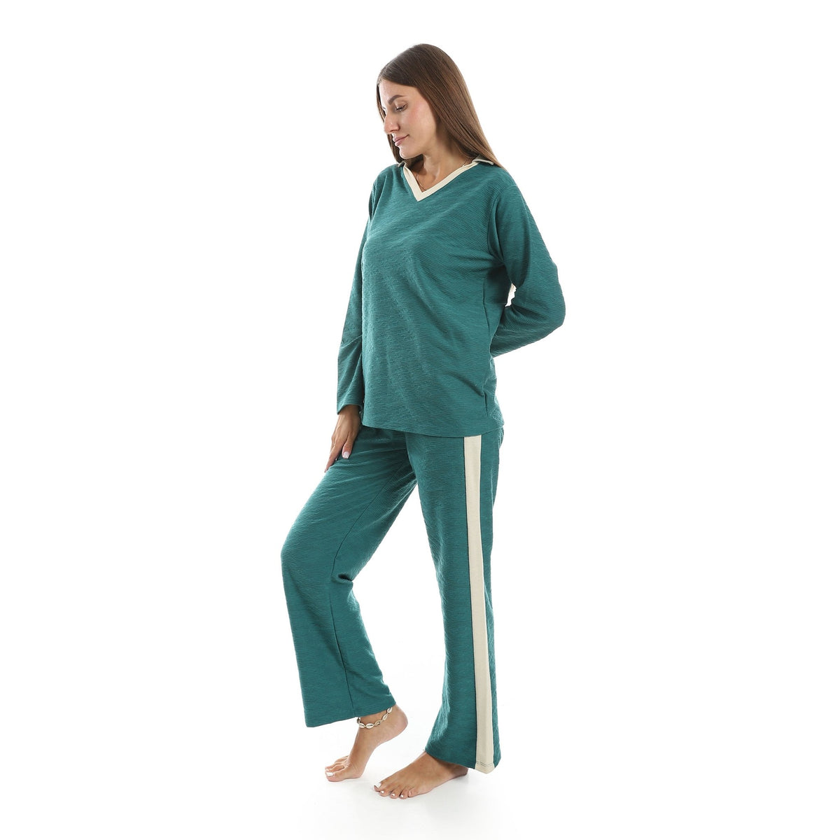 Women’s Jacquard Pajama Set – Long Sleeve Top & Pants with Beige Side Stripe -Ganzari - Red Cotton