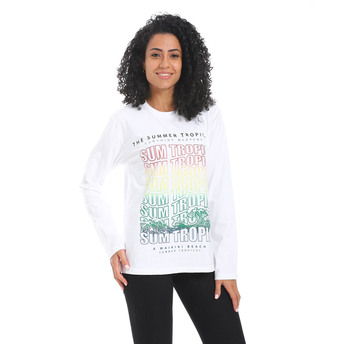 Women's Long Sleeve T-Shirt with Summer Tropic Print - White - Red Cotton