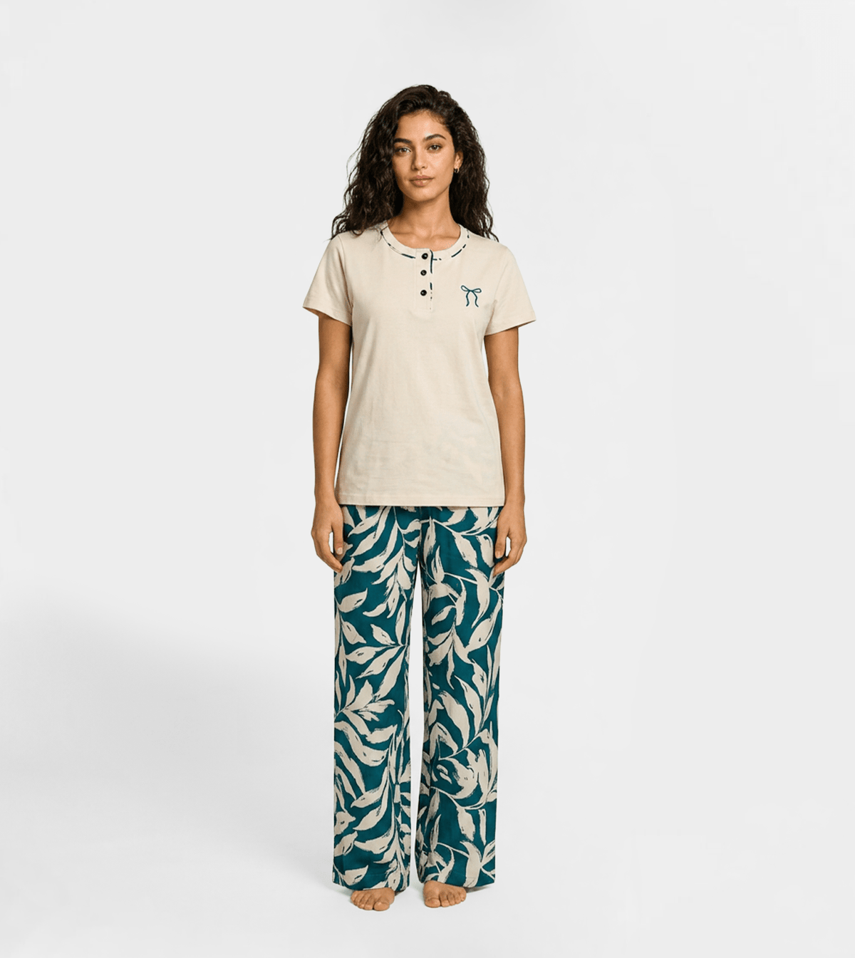 Women's modal pajama set with embroidered pants - Red Cotton