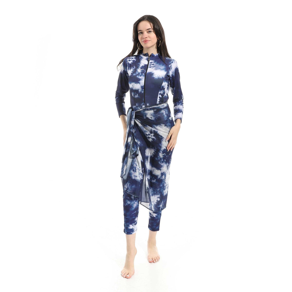 Women's Modest Swimwear Set - Navy Marble - Red Cotton