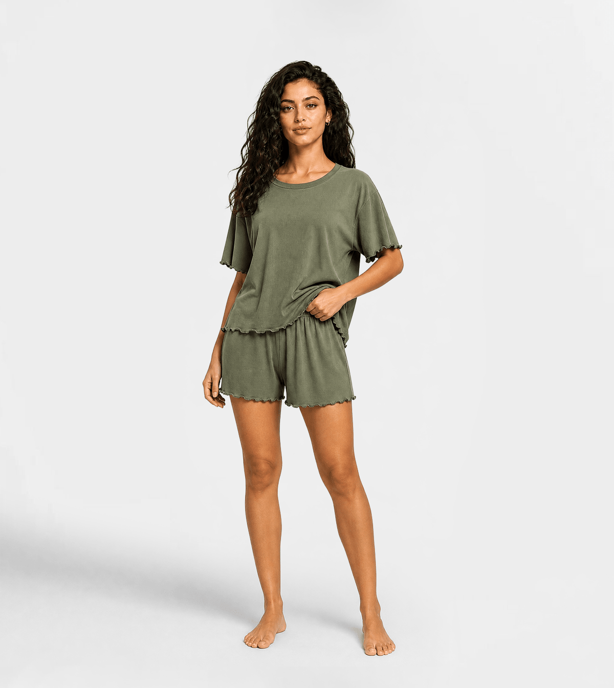 Women’s Olive Green Short Pajama Set - Red Cotton