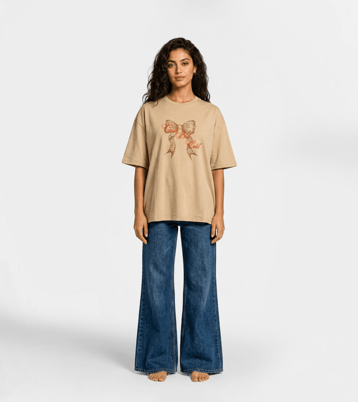 Women’s Oversized Short Sleeve T-Shirt with Front Print – Beige - Red Cotton