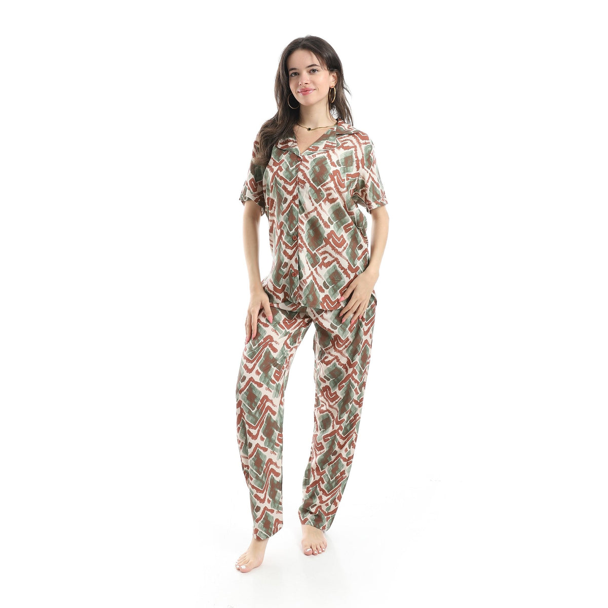 Women's Pajama Set – Soft Fabric with Modern Geometric Print - Red Cotton
