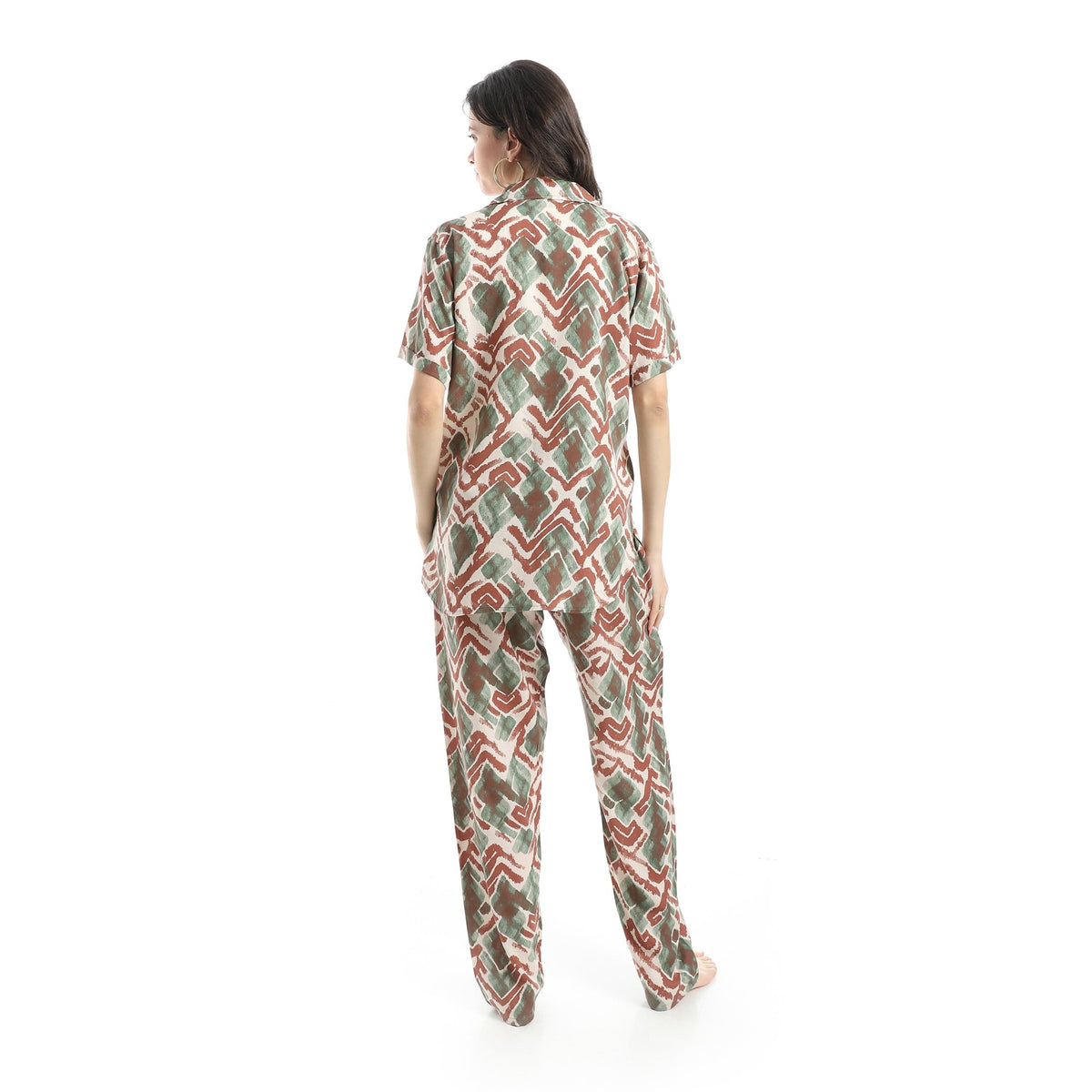 Women's Pajama Set – Soft Fabric with Modern Geometric Print - Red Cotton