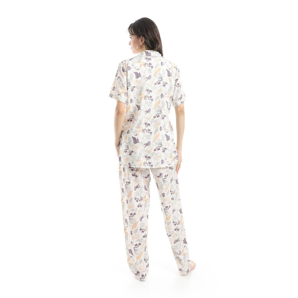 Women's Pajama Set With Short Sleeves and Pants With Colorful Flowers - Red Cotton