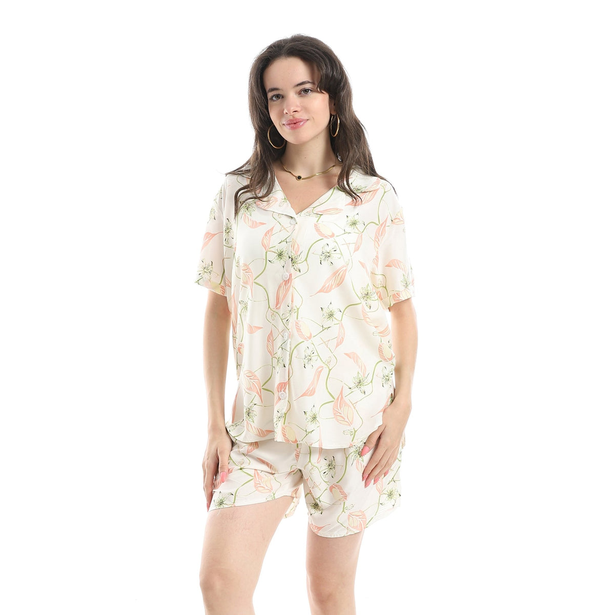 Women's Pajama Set With Short Sleeves and Shorts With Colorful Flowers - Red Cotton