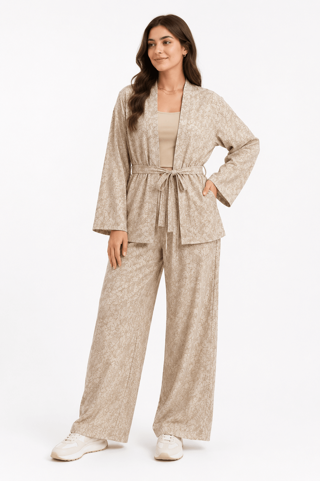 Women's Patterned Wide Leg Suit - Red Cotton