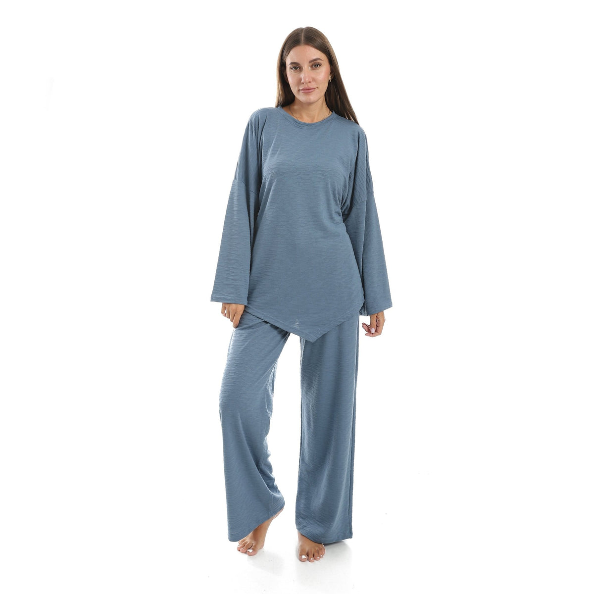 Women’s Relaxed Jacquard Pajama Set – Long Sleeve Top & Wide-Leg Pants - Red Cotton