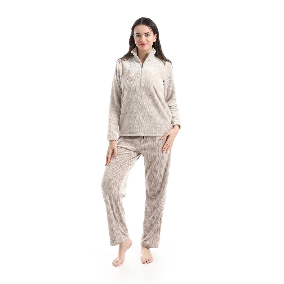 Women's Ribbed Velvet Pajama Set – High-Neck Embroidered Lounge Set - Red Cotton