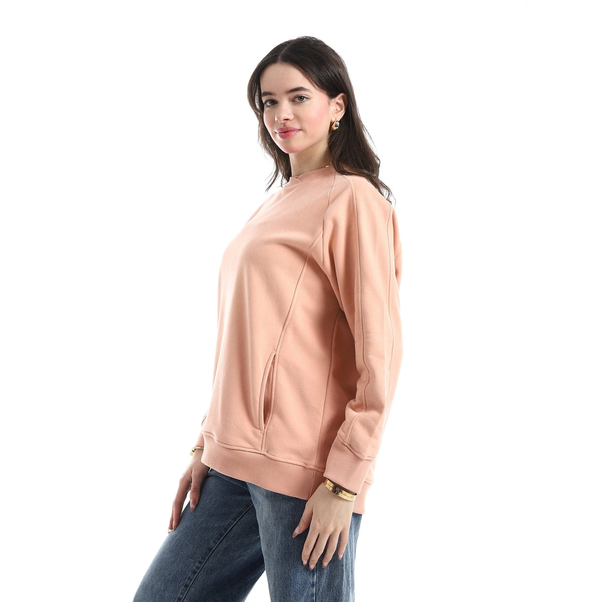 Women’s Soft Peach Crewneck Sweatshirt with Side Pockets - Red Cotton