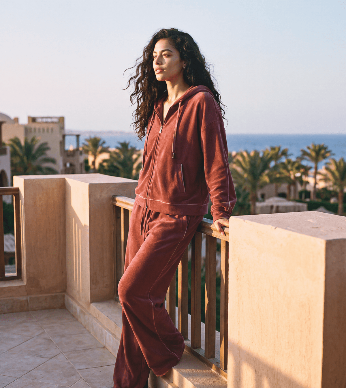 Women's Sporty Zip-Up Hoodie Set – Burgundy - Red Cotton