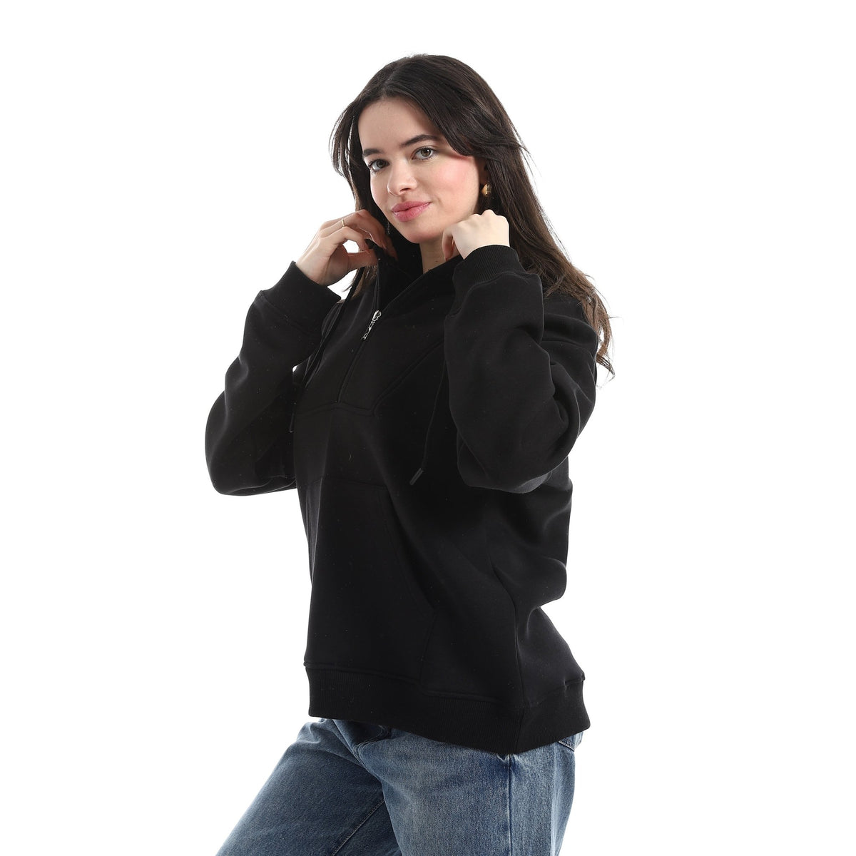 Women's Standard Fit Half Zippered Sweatshirt - Red Cotton