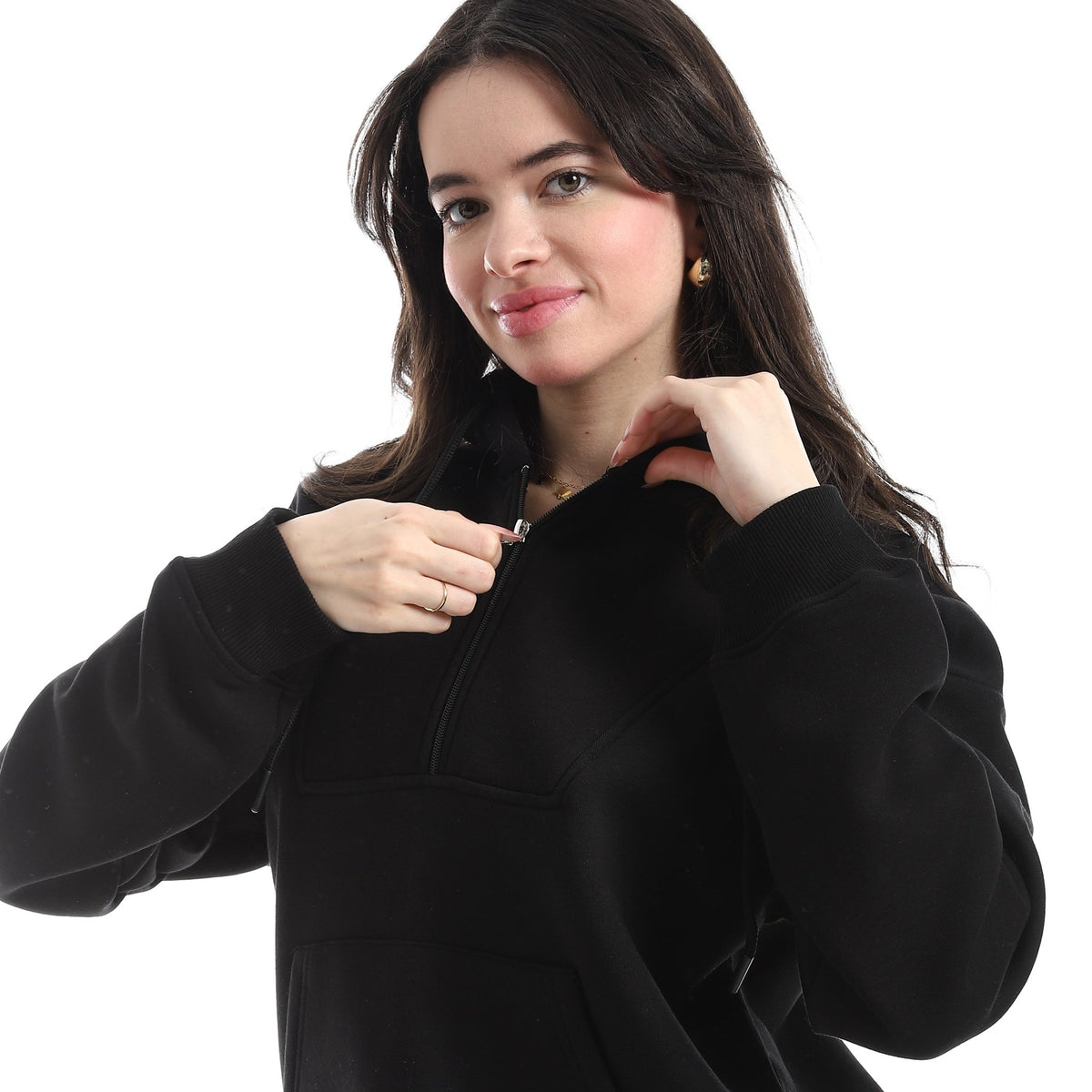 Women's Standard Fit Half Zippered Sweatshirt - Red Cotton