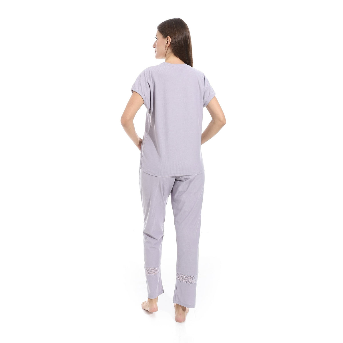Women's Summer Jacquard Pajama Set with Lace Detailing - Lavender - Red Cotton