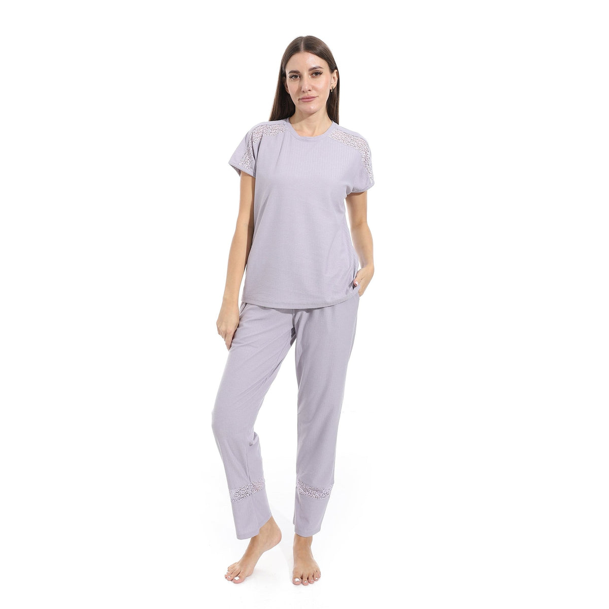 Women's Summer Jacquard Pajama Set with Lace Detailing - Lavender - Red Cotton