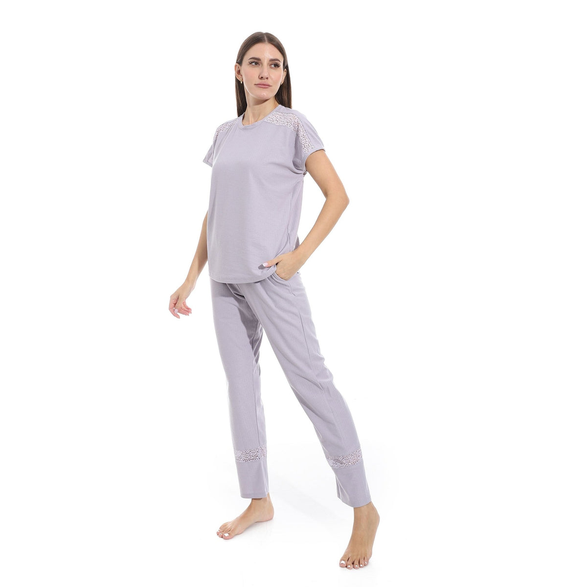 Women's Summer Jacquard Pajama Set with Lace Detailing - Lavender - Red Cotton