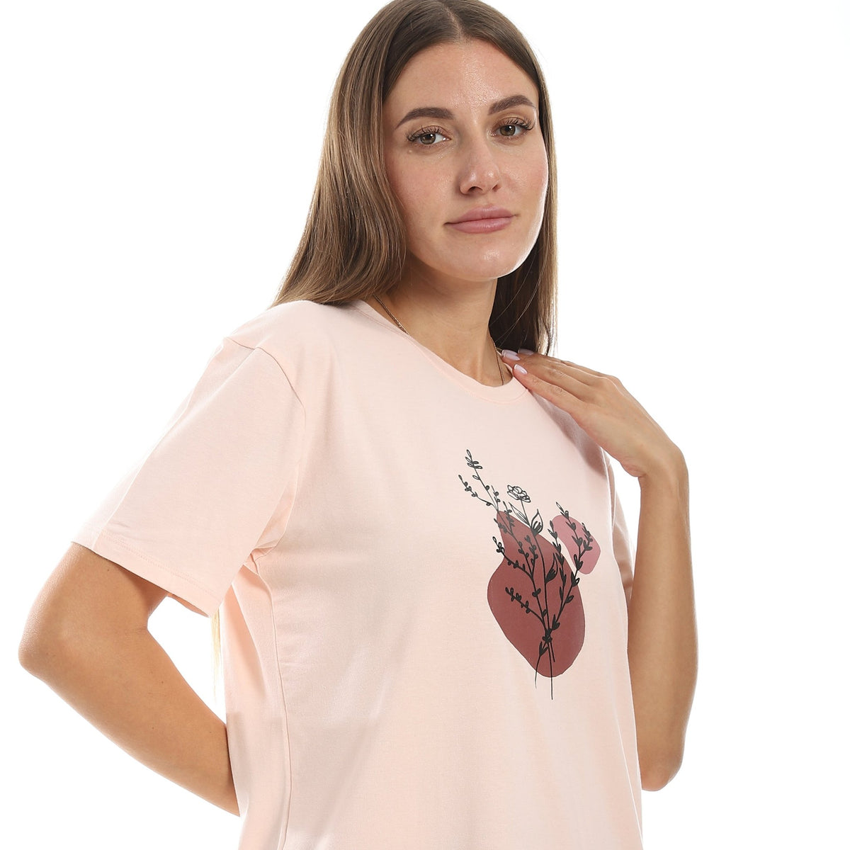 Women's Summer Sleepwear Set - Comfy Short Sleeve T-Shirt and Floral Viscose Pajama Pants - Red Cotton