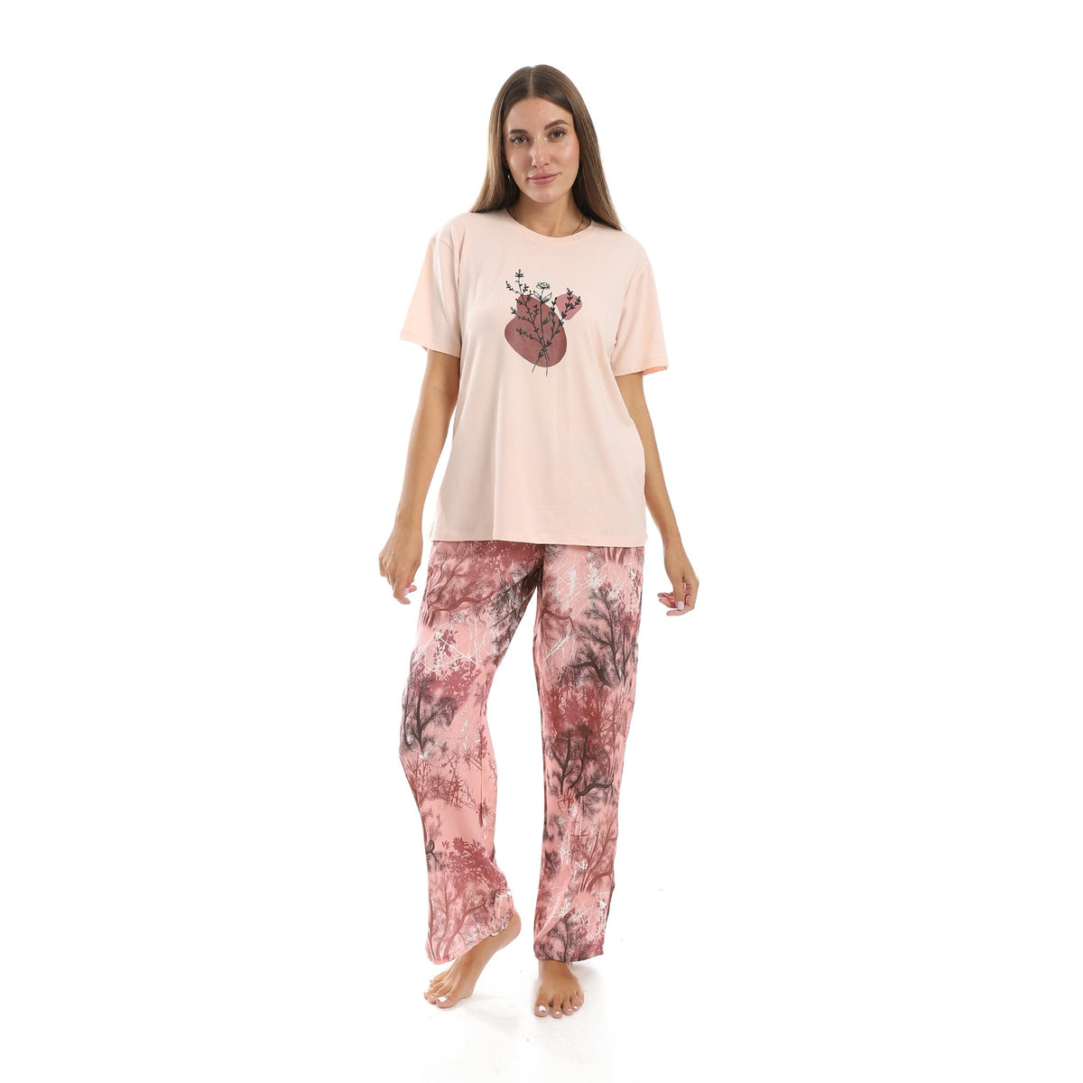 Women's Summer Sleepwear Set - Comfy Short Sleeve T-Shirt and Floral Viscose Pajama Pants - Red Cotton