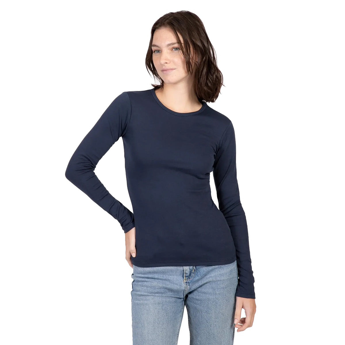 Women Basic Shirt, Round Neck, long Sleeve-Navy Blue