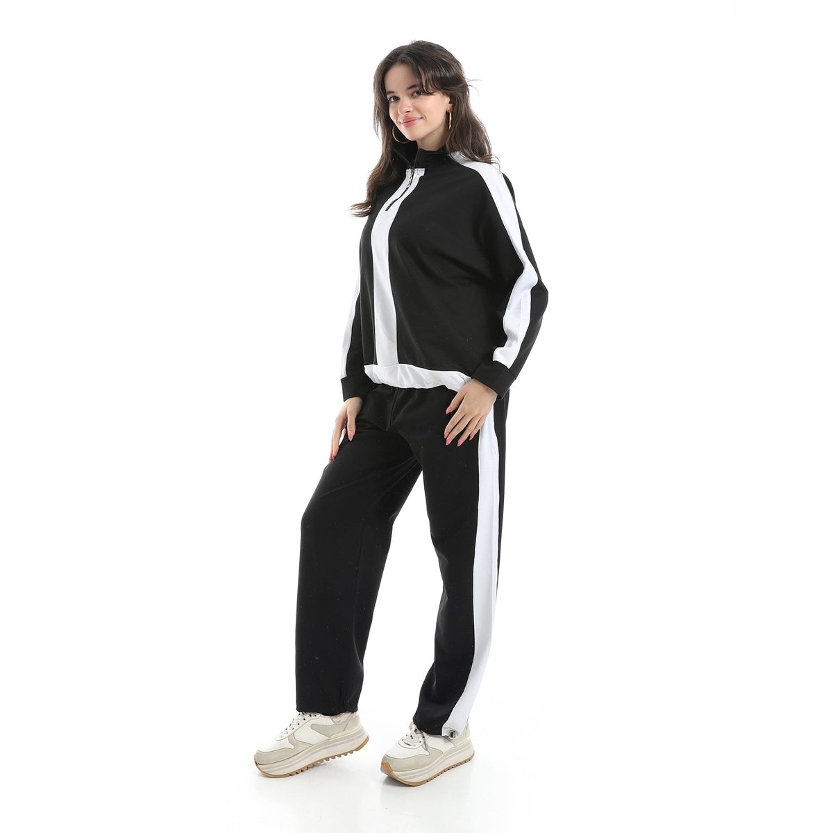 Women's Two-Tone Zip-Up Tracksuit – Black & White - Red Cotton