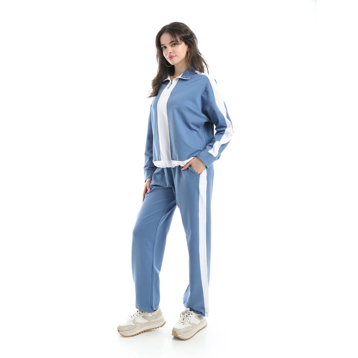 Women's Two-Tone Zip-Up Tracksuit – Blue & White - Red Cotton