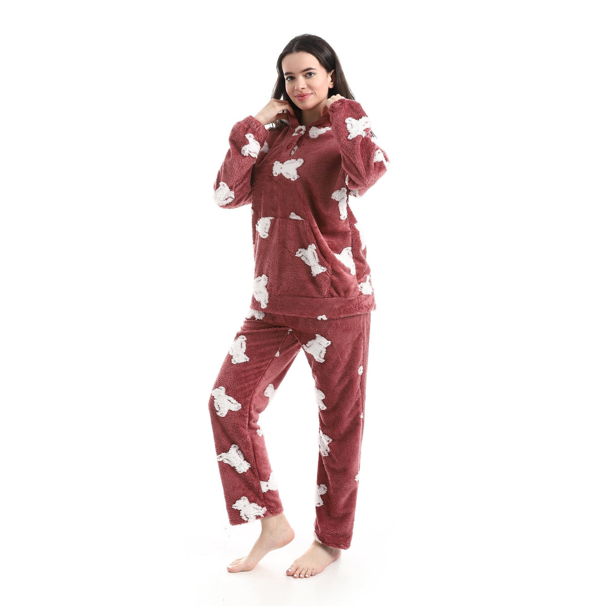 Women’s Ultra-Soft Plush Hoodie Pajama Set – Cozy Bear Print Loungewear - Red Cotton