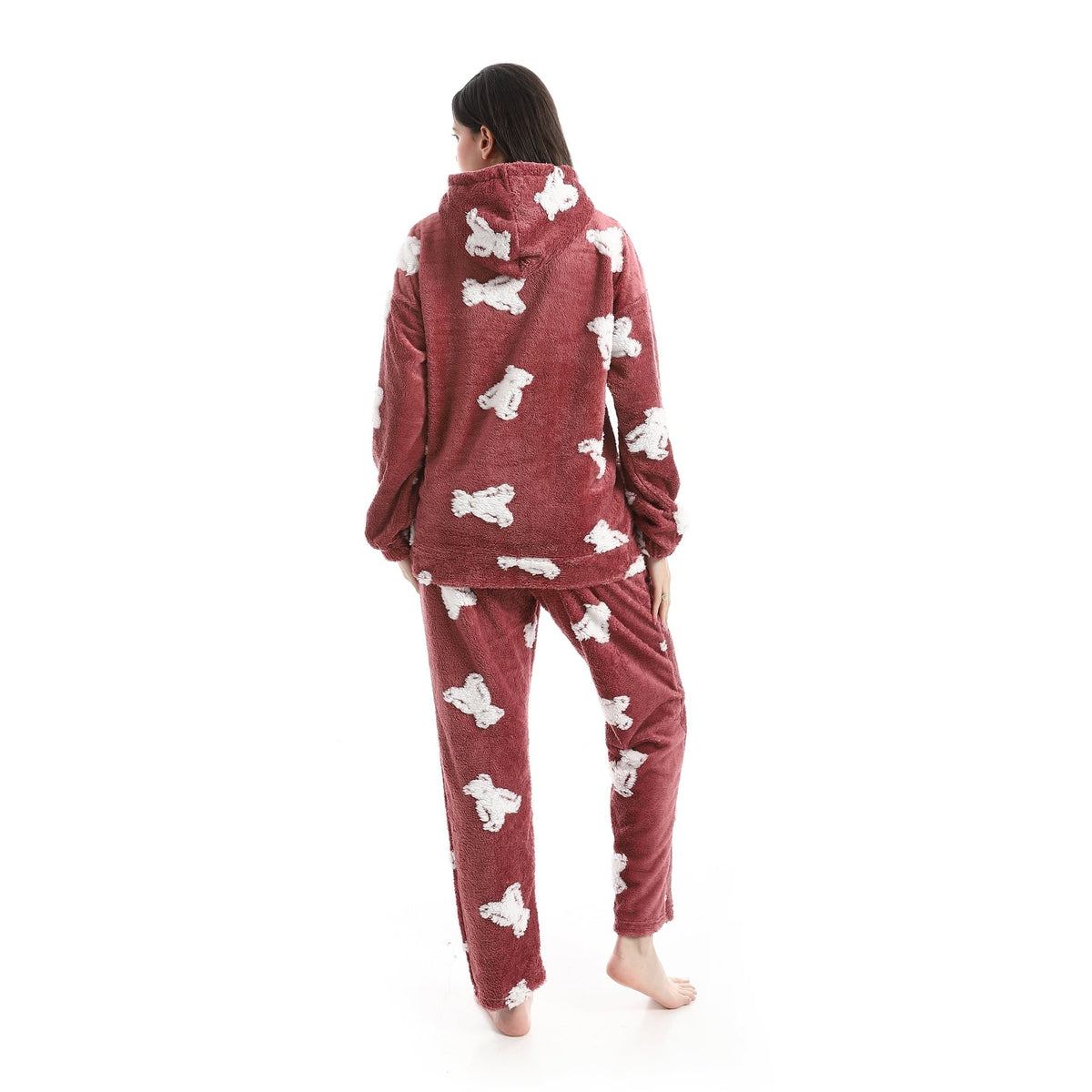 Women’s Ultra-Soft Plush Hoodie Pajama Set – Cozy Bear Print Loungewear - Red Cotton