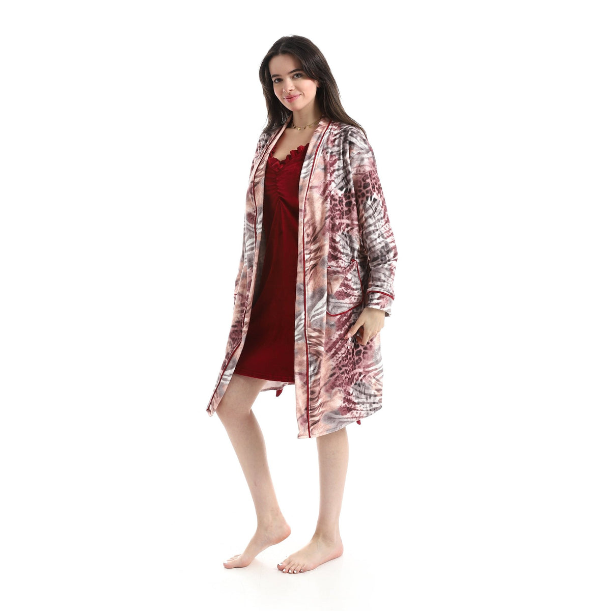 Women's Velvet Nightgown & Printed Robe Set - Red Cotton