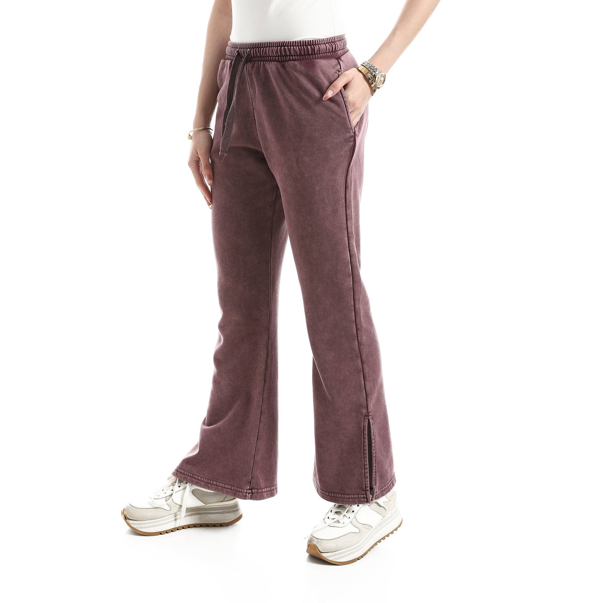 Women's Vintage-Wash High-Rise Flare Pants - Red Cotton