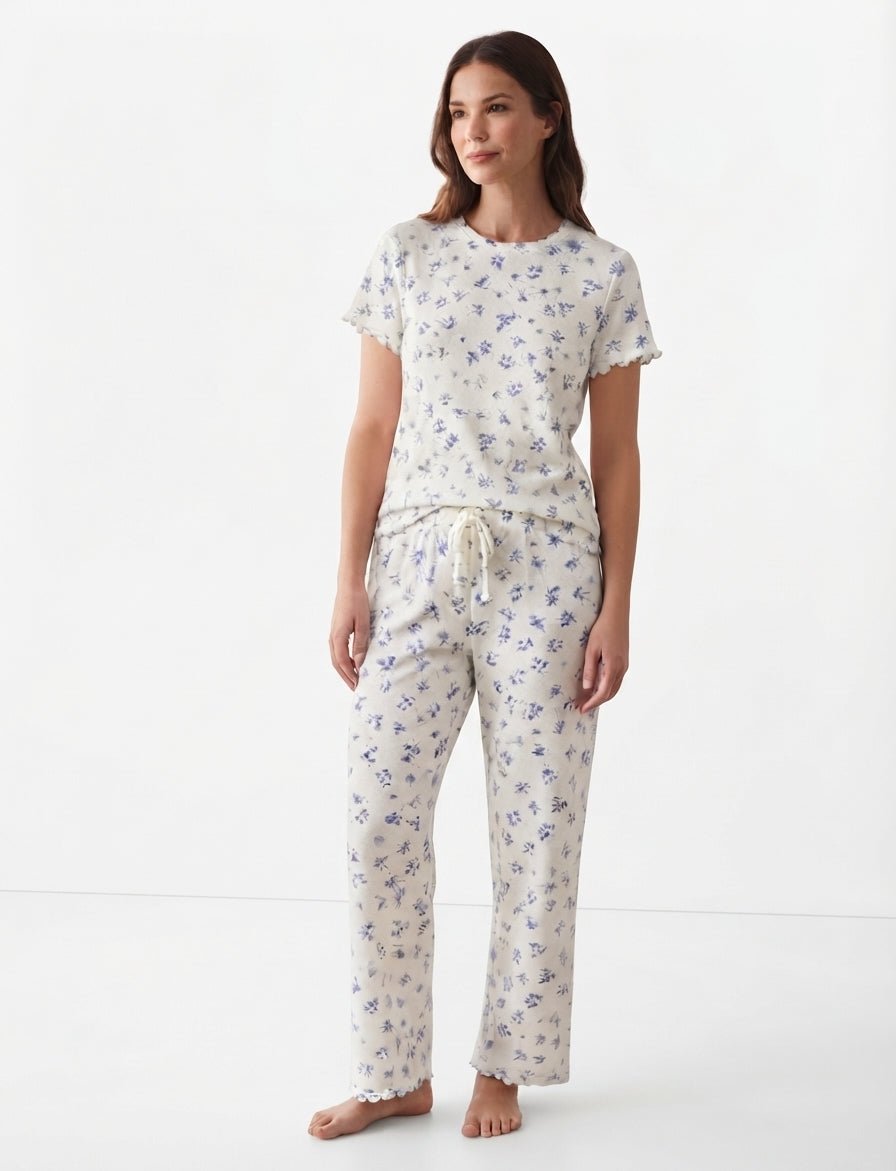 Women’s White & Baby Blue Pajama Set with Pants - Red Cotton