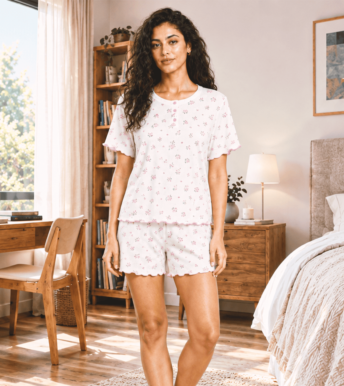 Women’s White & Pink Shorts Pajama Set - Red Cotton