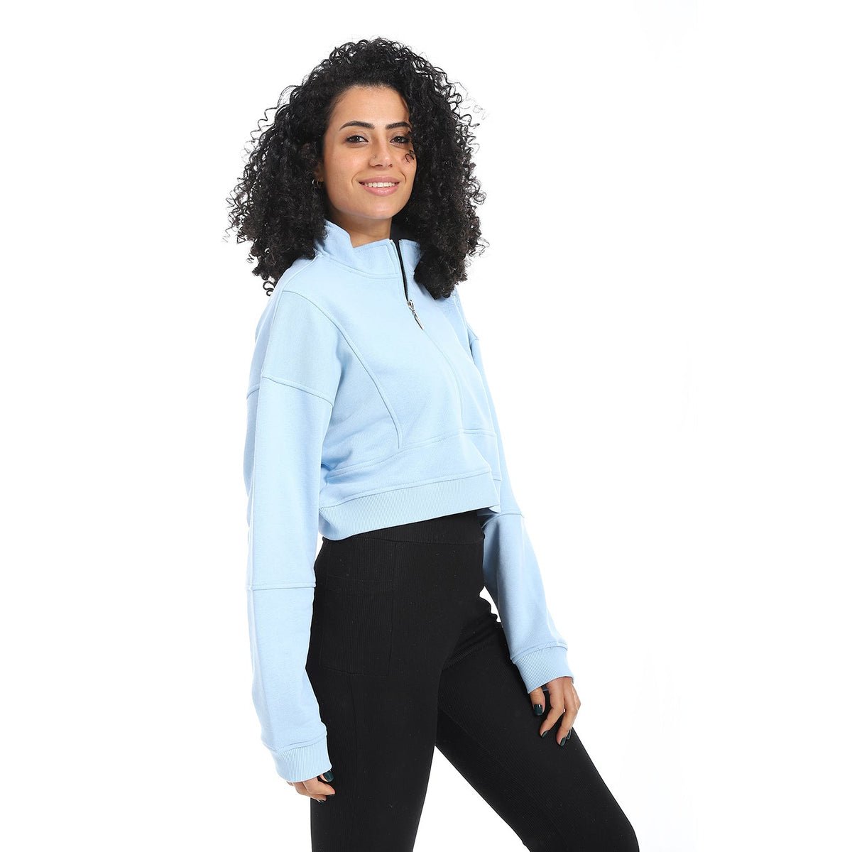 Women's Winter Quarter Zipper Sweatshirt -Blue - Red Cotton